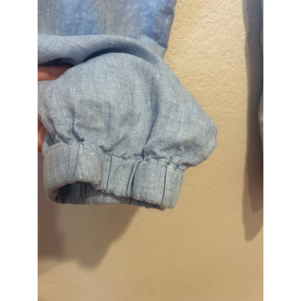 Mens Organic Linen Jogger Pants Size XL Light Blue Herringbone Drawstring Beach